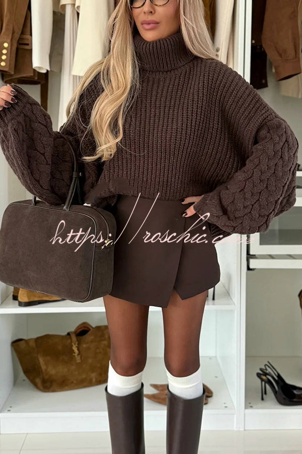 Stylish and Comfortable Ribbed Knit Turtleneck Cable Sleeve Loose Sweater