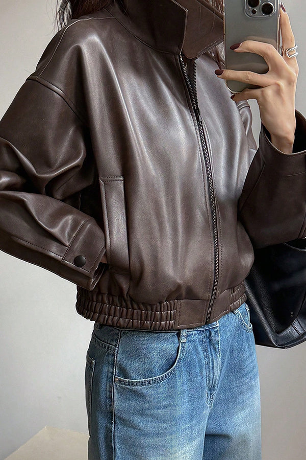 Fashion Lapel Long Sleeve Casual Pocket Short Leather Jacket