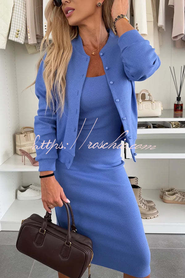 Comfort and Femininity Knit Ribbed Button Up Long Sleeve Bomber Jacket