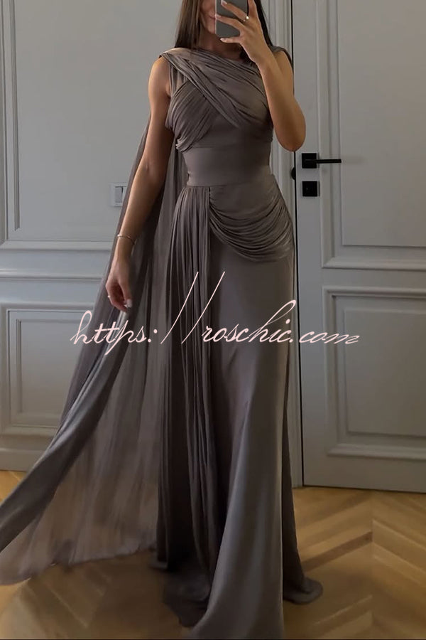 Solid Color Satin Sleeveless Waist Elegant Pleated Ribbon Maxi Dress