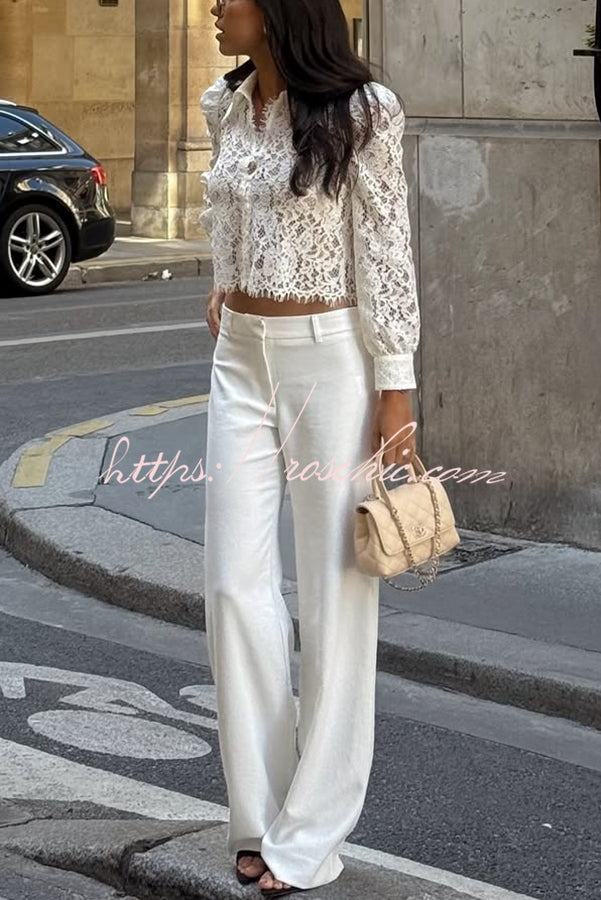 Paris Trends Floral Lace Puff Shoulder  Button Long Sleeve Blouse