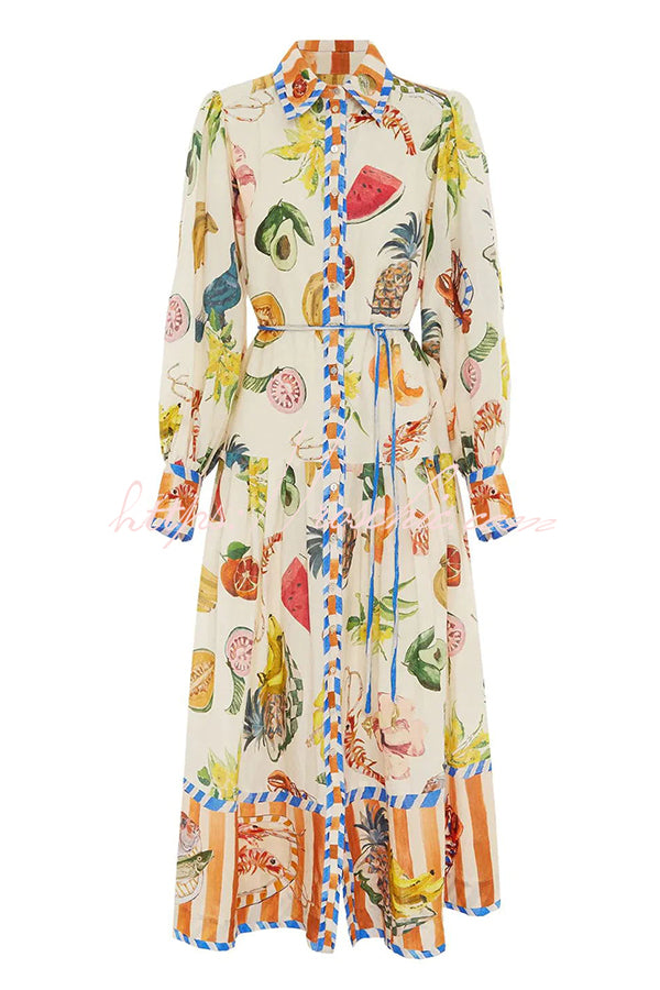 Hopeful Moments Tropical Fruit Print Balloon Sleeve Patchwork Shirt Midi Dress