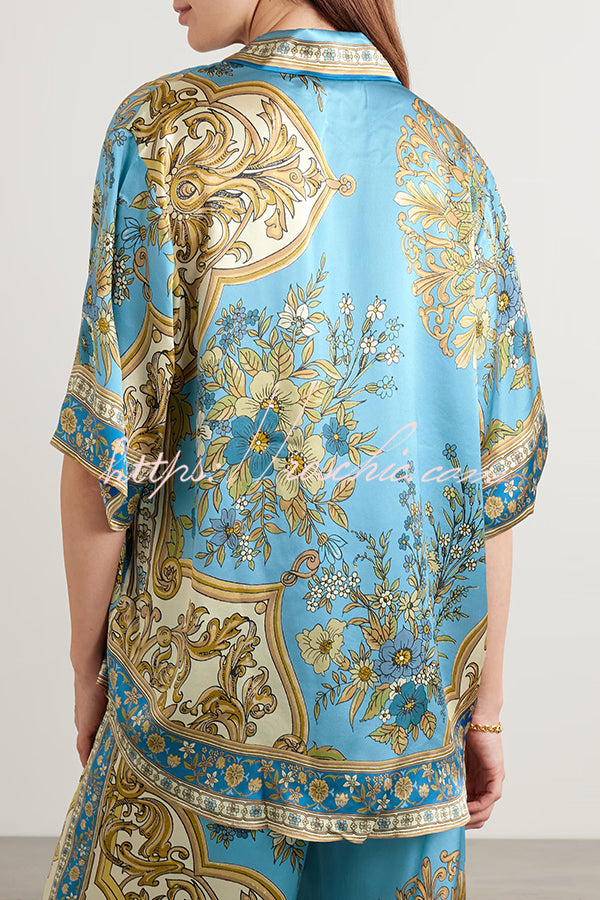 Satin Floral Print Loose Shirt and Elastic Waist Pocket Casual Wide-leg Pants