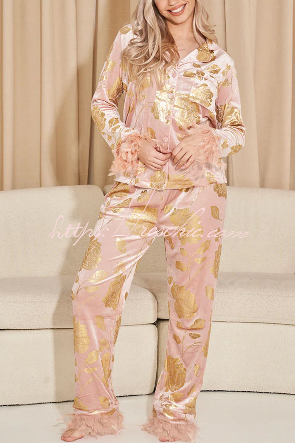 Hollywood Queen Velvet Floral Printed Feather Trim Elastic Waist Pocketed Pajama Set