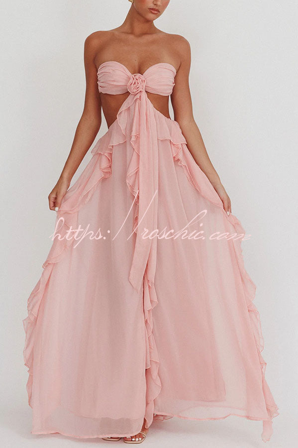 Gorgeous Vacation Halter Rose Detail Cut Out Ruffles Backless Maxi Dress