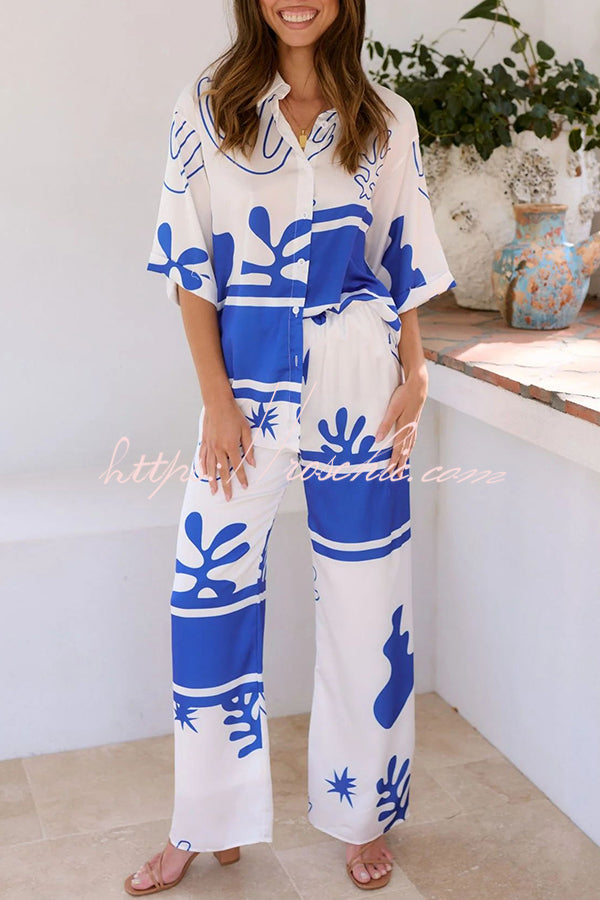 The Beach Girls Unique Color Block Print Button Up Shirt and Elastic Waist Pants Set