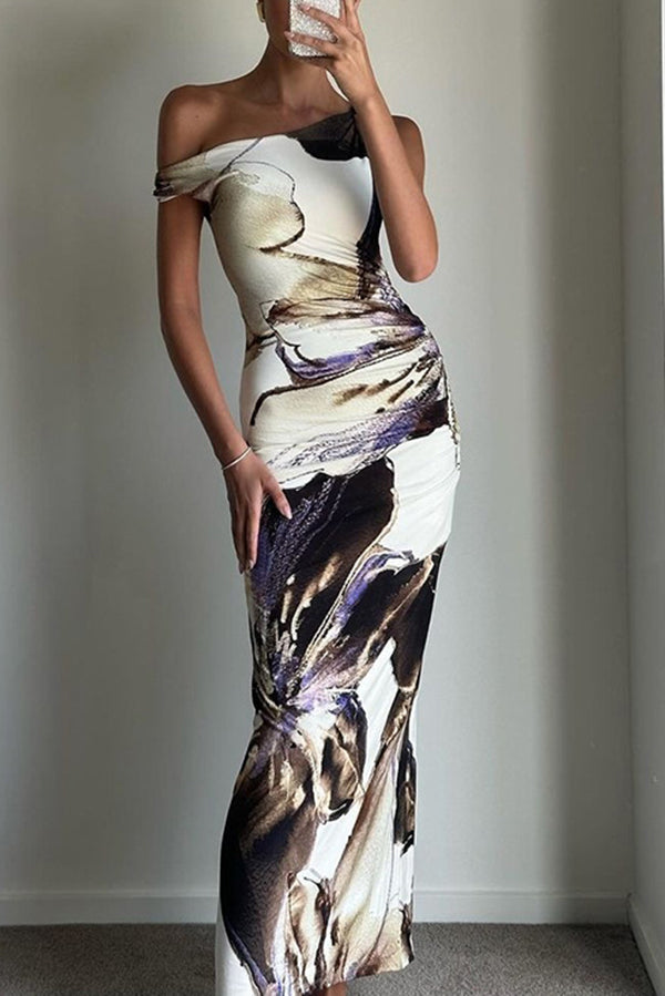 Charming Mentality Abstract Floral Print One Shoulder Stretch Maxi Dress