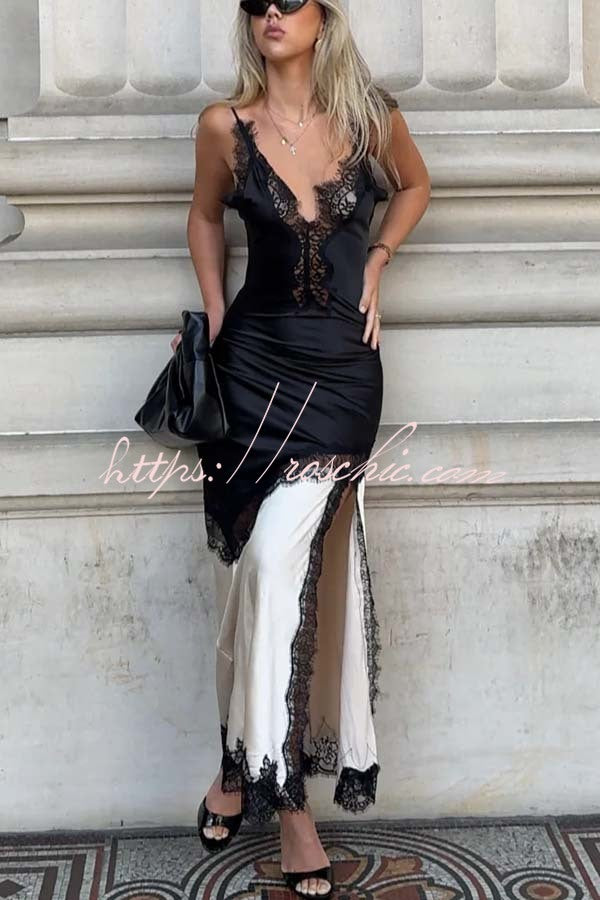 Soft and Romantic Satin Lace Trim Colorblock V-neck Side Slit Maxi Dress