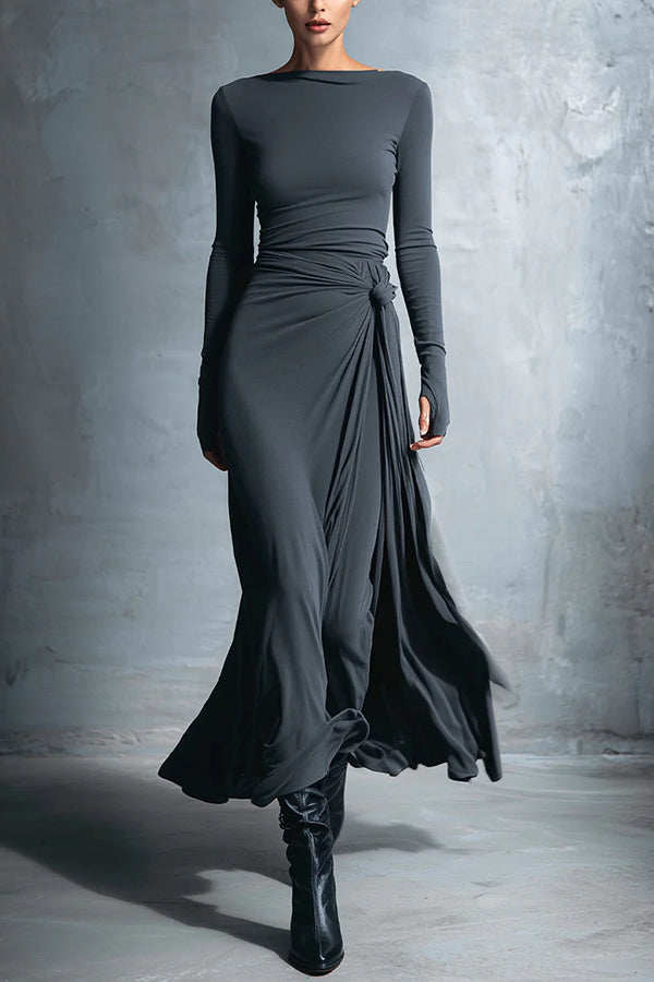 Solid Color Long-sleeved Slim-fit Knot Decoration Maxi Dress – roschic