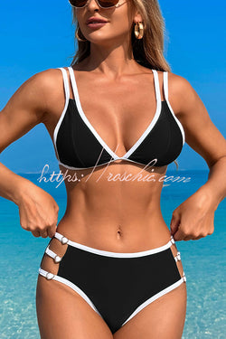 Contrast Color Lace-up Stretch Two-piece Bikini Swimsuit