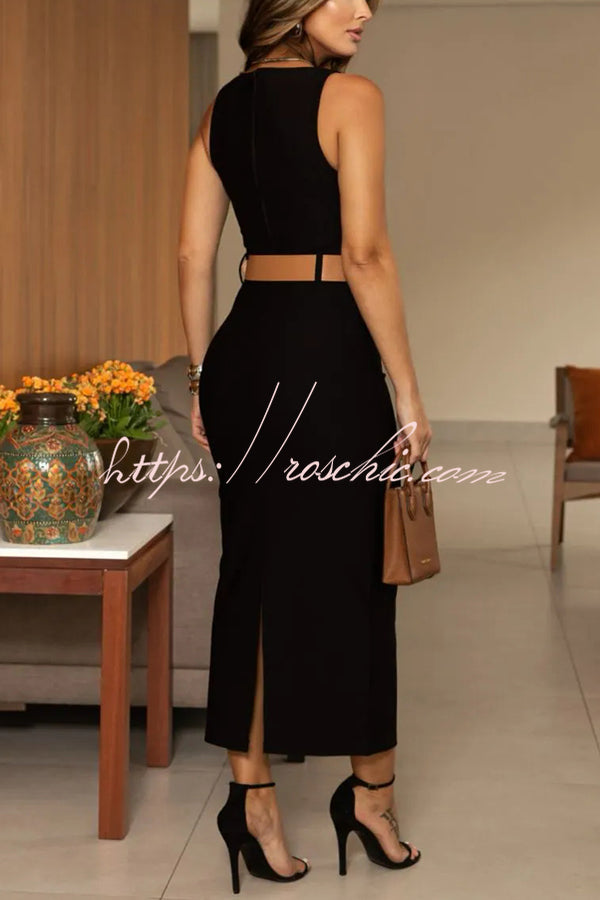 Solid Color Crew Neck Sleeveless Belted Midi Dress