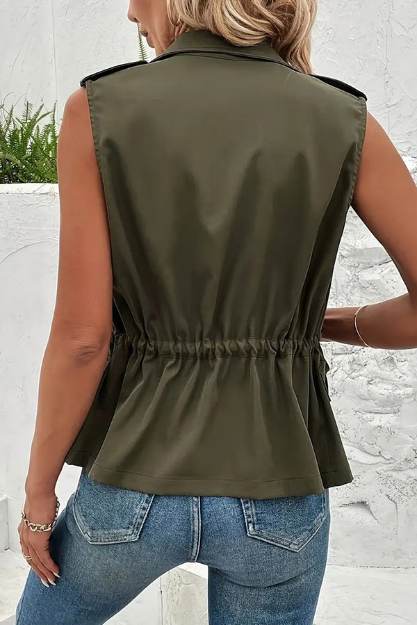 Fashionable Casual Zipper Drawstring Pocket Sleeveless Vest Jacket