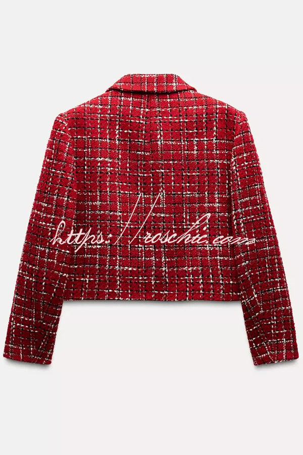 Tweed Plaid Textured Long-sleeved Casual Pocket Jacket