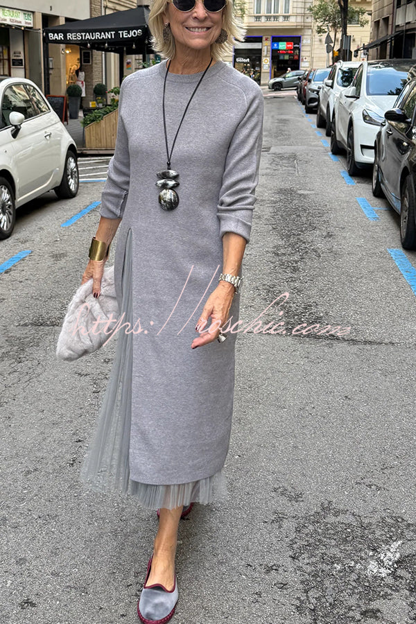 Jollie Knit Long Sleeve Front Slit Midi Sweater and Pleated Tulle Stretch Tank Midi Dress Two-piece