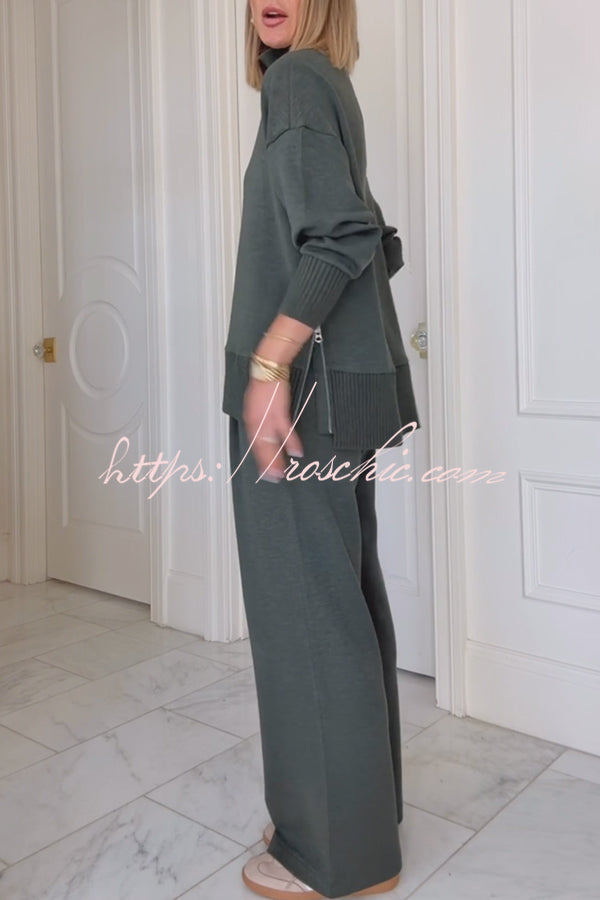Barker High-Neck Long Sleeve Side Zipper Sweatshirt and Elastic Waist Pocketed Loose Pants Set (Shipped Within 24 Hours)