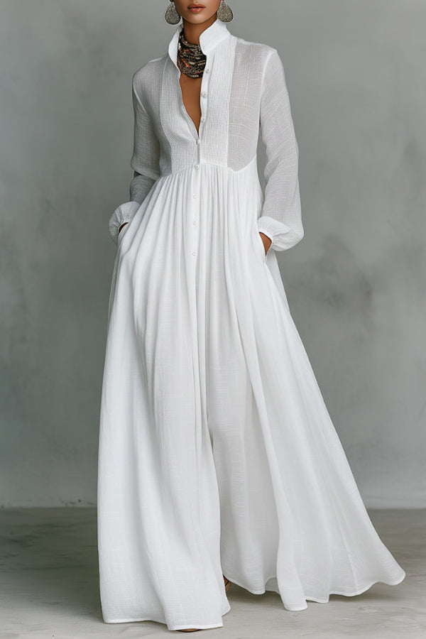 white long sleeve maxi dress with pockets Solid Color Stand Collar Long Sleeve Casual Pocket Maxi Dress – roschic