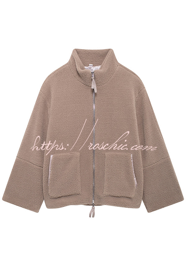 Solid Color Stitching High Collar Long Sleeve Loose Pocket Woolen Coat