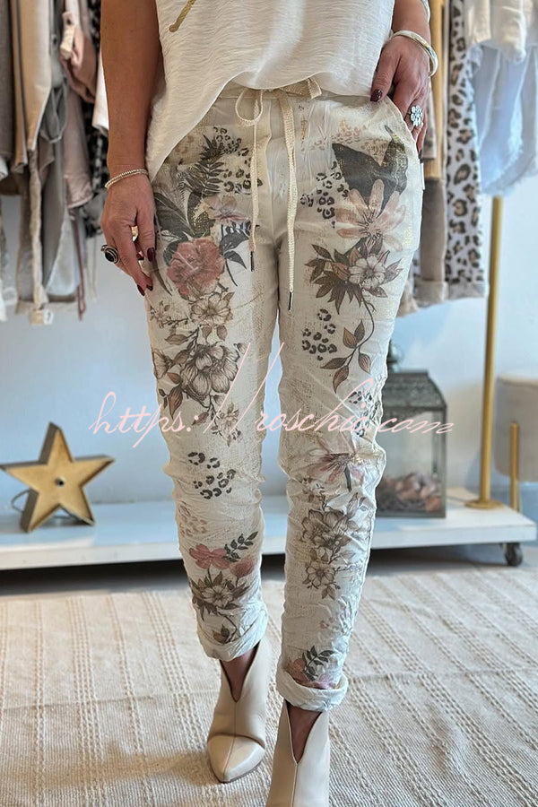 Floral Print Elastic Waist Casual Pocket Pants