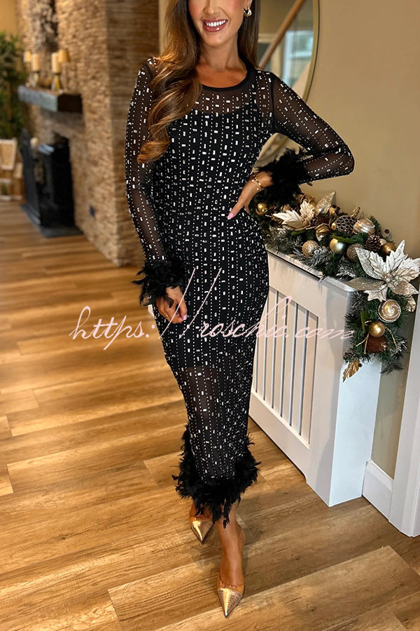 Sexy Long Sleeve Round Neck Feather Edge Rhinestone Decoration Slim Fit Maxi Dress