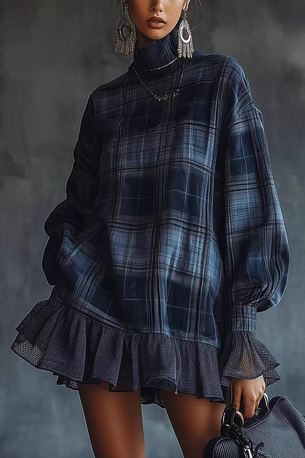 Plaid Print High-Neck Long-Sleeve Loose Ruffle Mini Dress  roschic