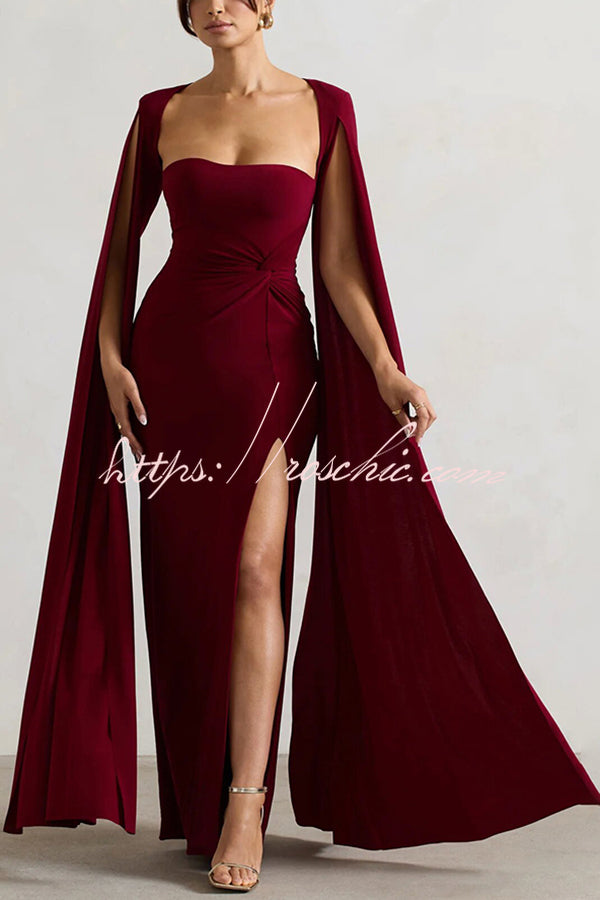 Elegant Goddess Square Neck Twisted Cape Sleeve Slit Maxi Dress