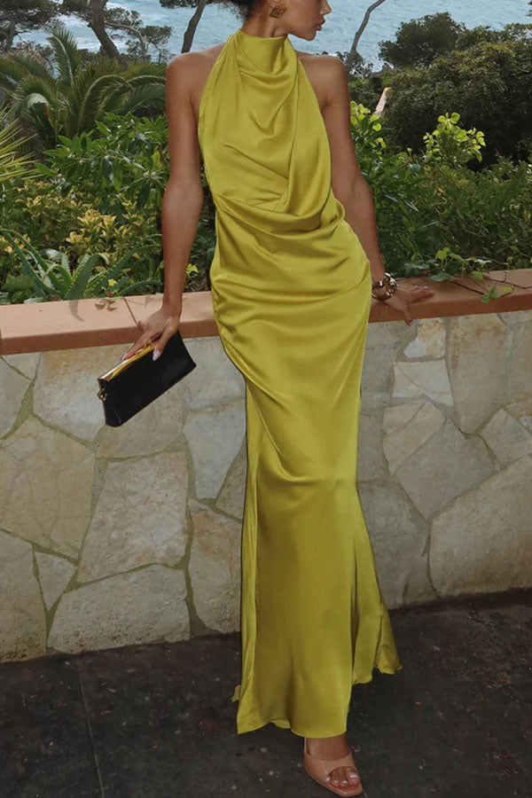 Elegant and Refined Satin Halter Draped Neck Backless Maxi Dress Elegant and Refined Satin Halter Draped Neck Backless Maxi Dress