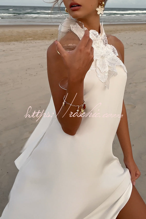 Floral Embellished Satin Halterneck Backless Resort Maxi Dress