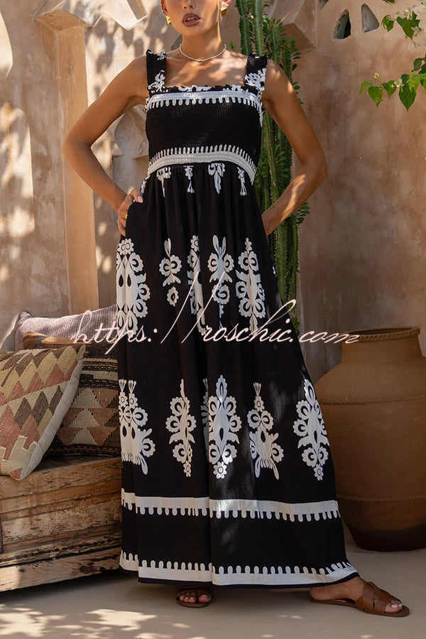 National Boho Style Unique Print Smocked Bust Wide Strap Pocket Maxi Dress