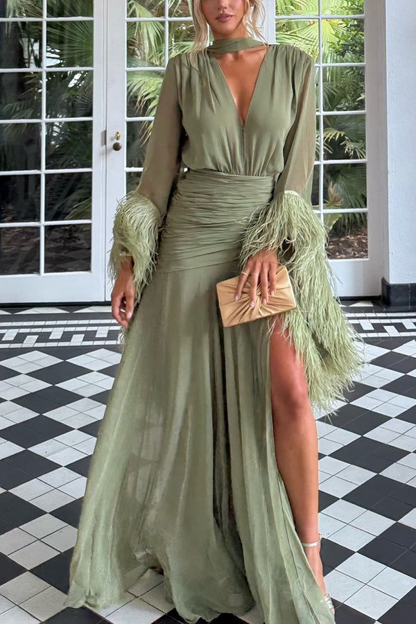 maxi dress with ruched waist Geisha Lightweight Crepe Feather Trim Sleeve Slit Secondary color:Red add a woven belt Astra Linen Mini Dress Chicago dressmaker