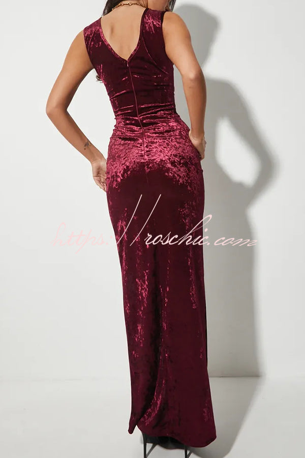 Solid Color Velvet Round Neck Sleeveless Slim Slit Maxi Dress