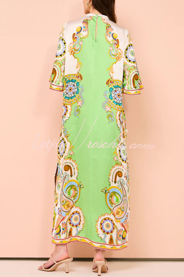 Southern Italy Satin Unique Print Bell Sleeve Loose Slit Midi Dress