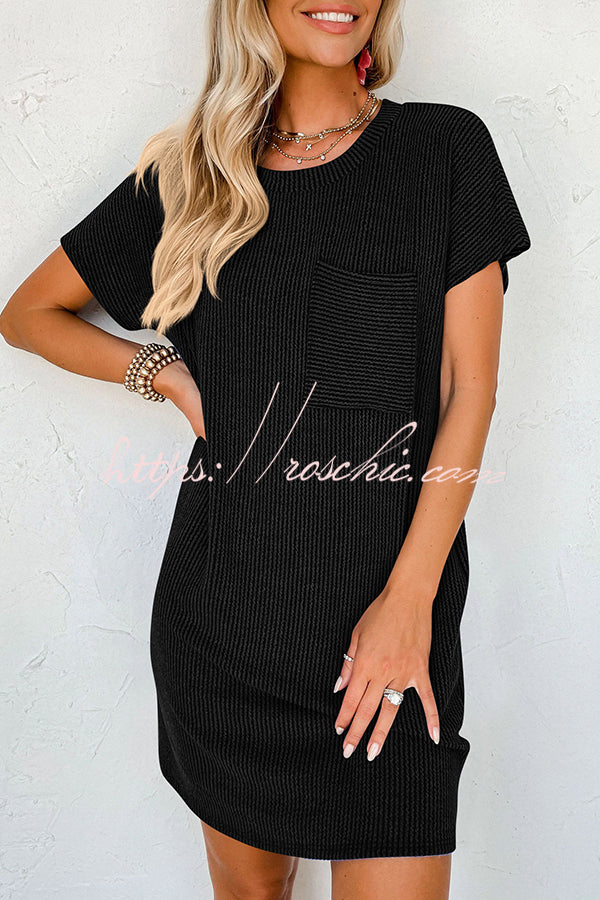 Casual Solid Color Striped Short-sleeved Pocket Mini Dress