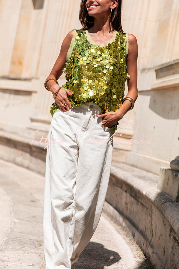 Fashionable Sequined Round Neck Sleeveless Loose Vest
