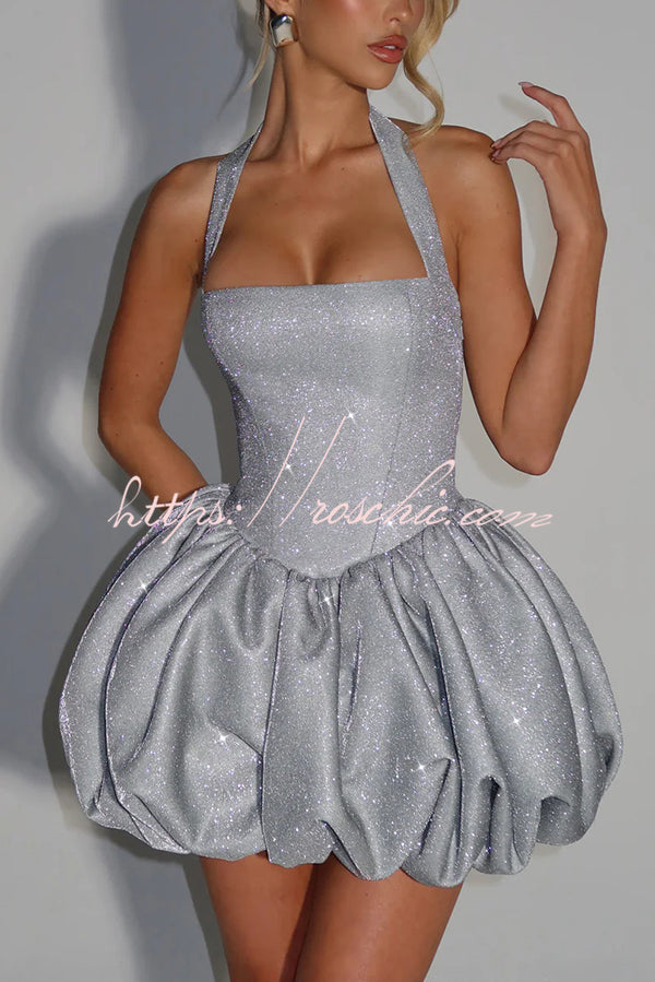 Araminta Glitter Fabric Square Halter Tie Neck Back Lace-up Fluffy Bubble Mini Dress