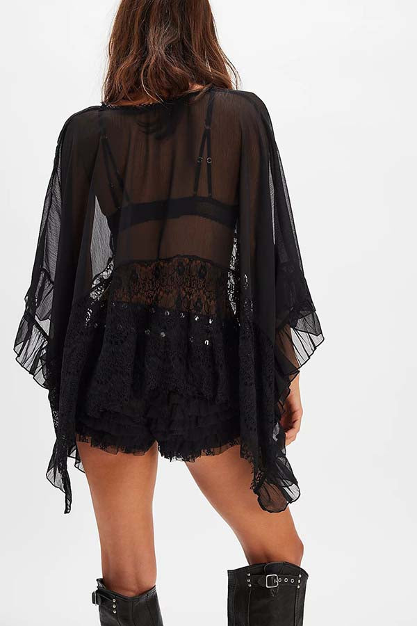 Fashionable Patchwork Lace Batwing Sleeve Loose Beach Cover Up