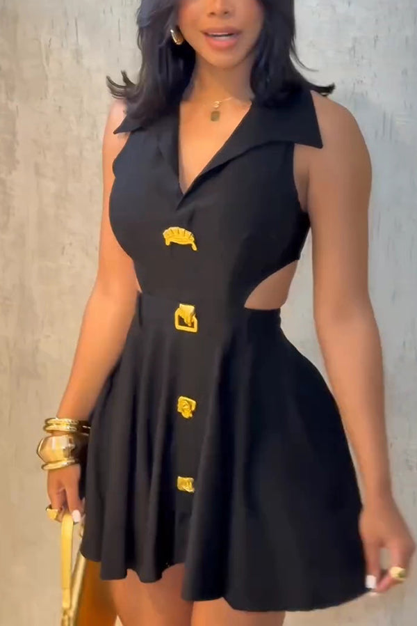 Fashion Sleeveless Lapel Metal Button Waist Cutout Mini Dress