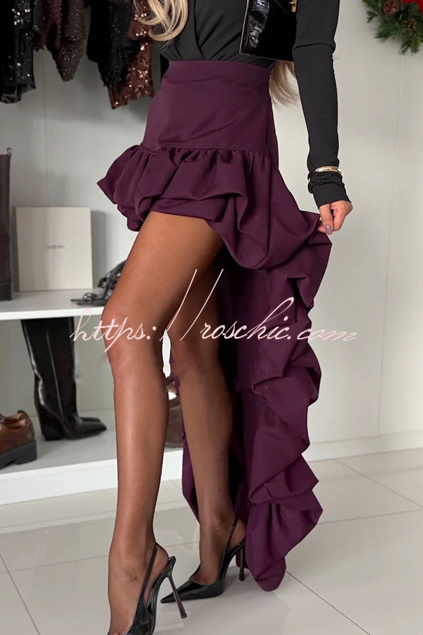 Toast To Midnight Solid Color High Rise Irregular Ruffled High Low Maxi Skirt