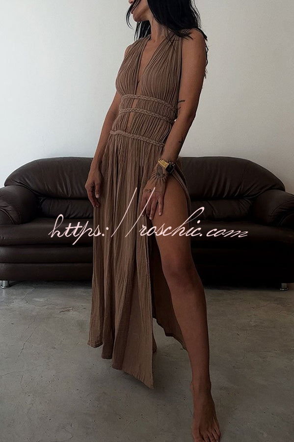 Boho with Elegance Linen Blend Braids Belt Cutout Slit Kaftan Maxi Dress