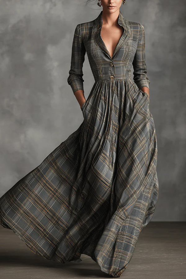 Retro Plaid Print Long-sleeved Shirt Style Casual Maxi Dress roschic Retro Plaid Print Long-sleeved Shirt Style Casual Maxi Dress roschic