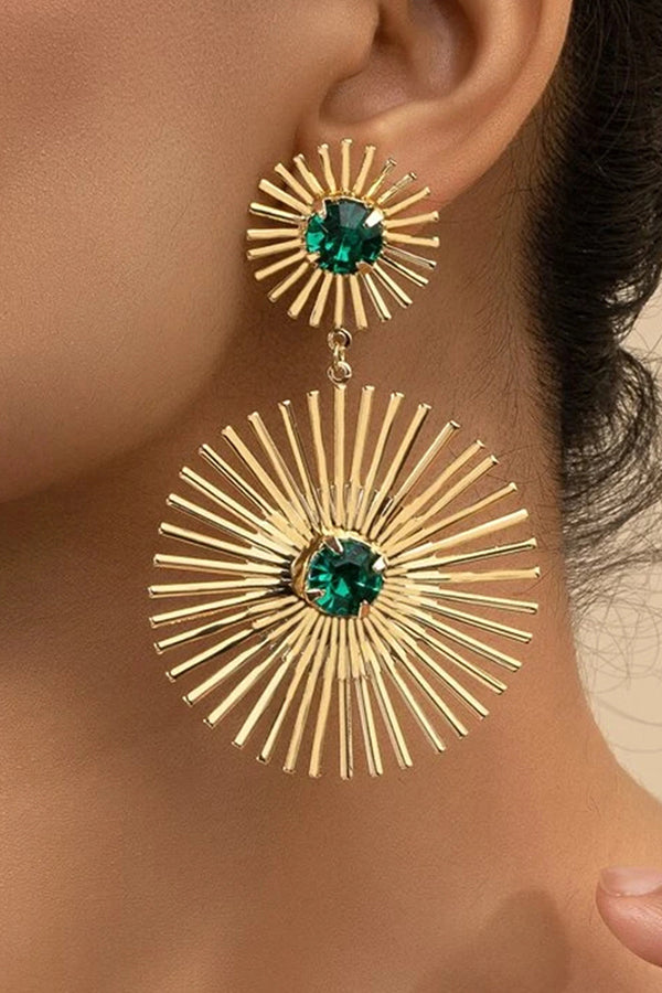 Exaggerated Emerald Rhinestone Line Metal Earrings