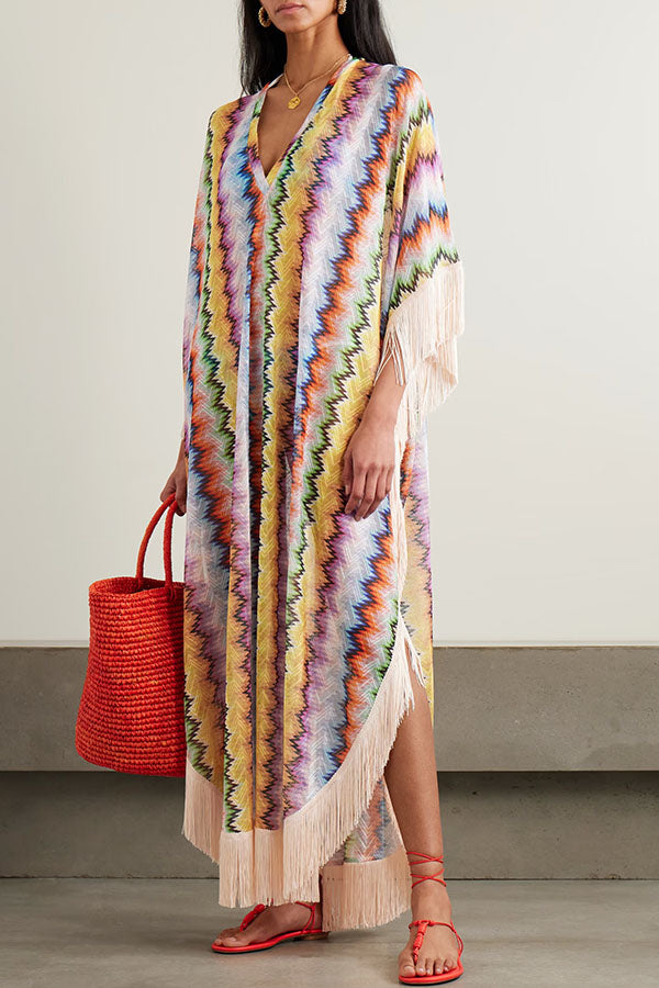 Mezcal Knit Colorful Zigzag Pattern Tassle Trim Loose Kaftan Maxi Dre roschic Mezcal Knit Colorful Zigzag Pattern Tassle Trim Loose Kaftan Maxi Dre roschic