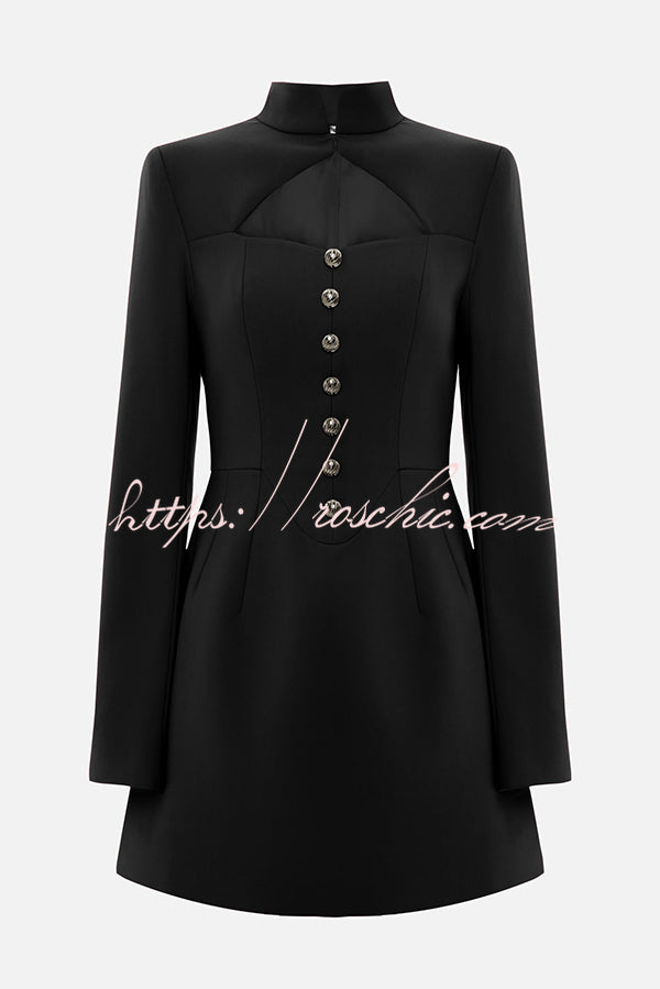 Elegant Long-sleeved Hollowed-out Button-down Slim-fit Mini Dress