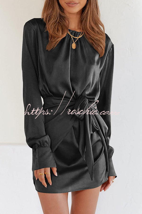 Satin Round Neck Long Sleeve Elastic Tie Mini Dress