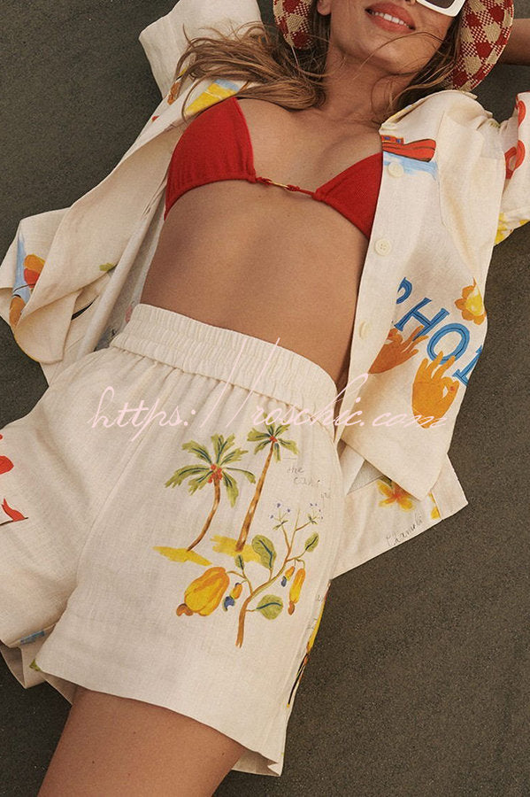 Hello Summer Linen Blend Hand-painted Print Blouse and Elastic Waist Pocketed Shorts Set