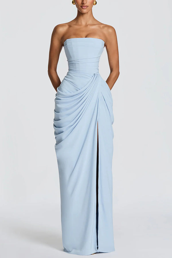Cyra Chiffon Back Lace-up Asymmetrical Pleats Strapless Slit Maxi Dre roschic Cyra Chiffon Back Lace-up Asymmetrical Pleats Strapless Slit Maxi Dre roschic