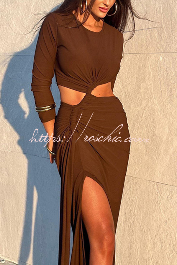 Solid Color Round Neck Long Sleeve Sexy Exposed Waist Slit Maxi Dress