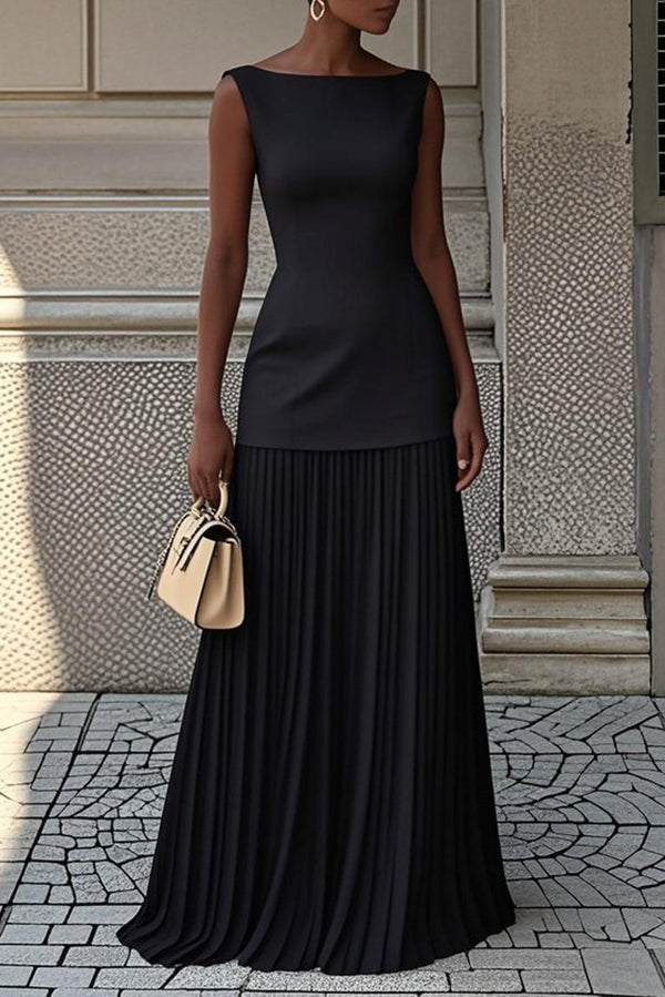 Solid Color Sleeveless Pleated Elegant Maxi Dress