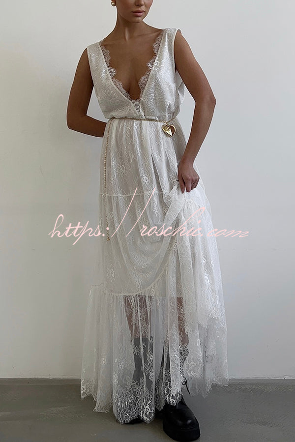 Fashionable Sheer Lace V-neck Backless Elegant Maxi Dress