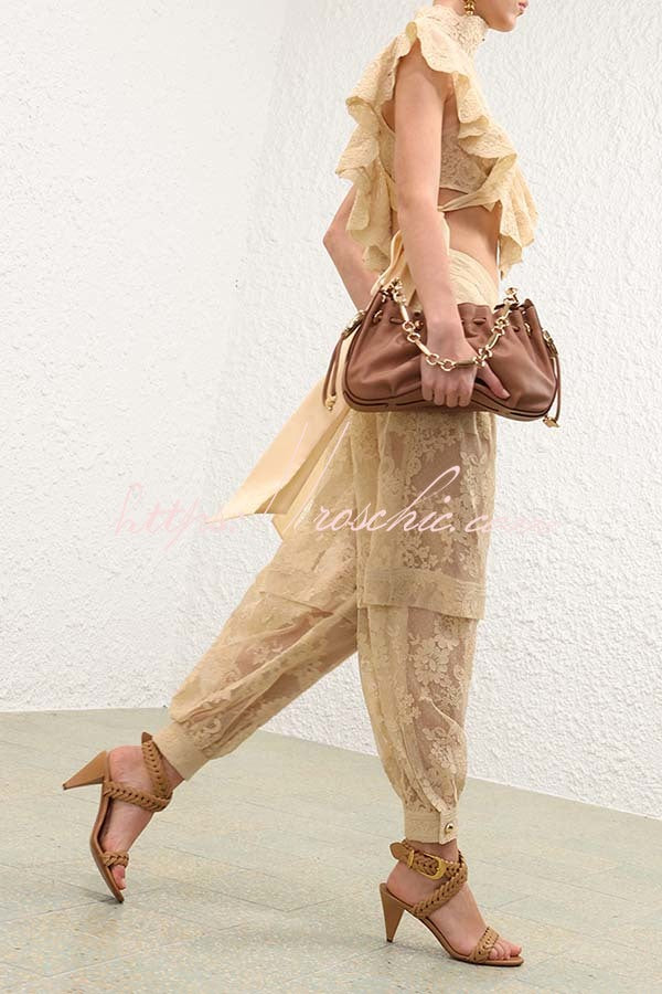 Ellie Lace Gathered Waist Pocket Button Ankle Cuffs Harem Pant
