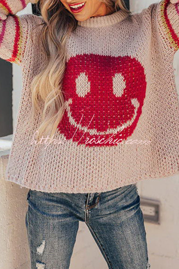 Fall Into Happiness Knit Smiley Face Striped Pullover Sweater